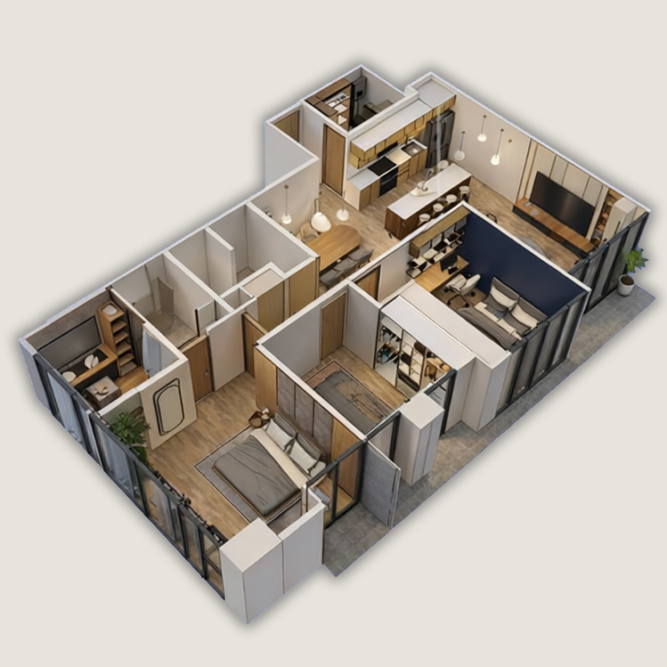 Vista isométrica del Departamento Península con la distribución de cocina, sala, comedor y recámaras
